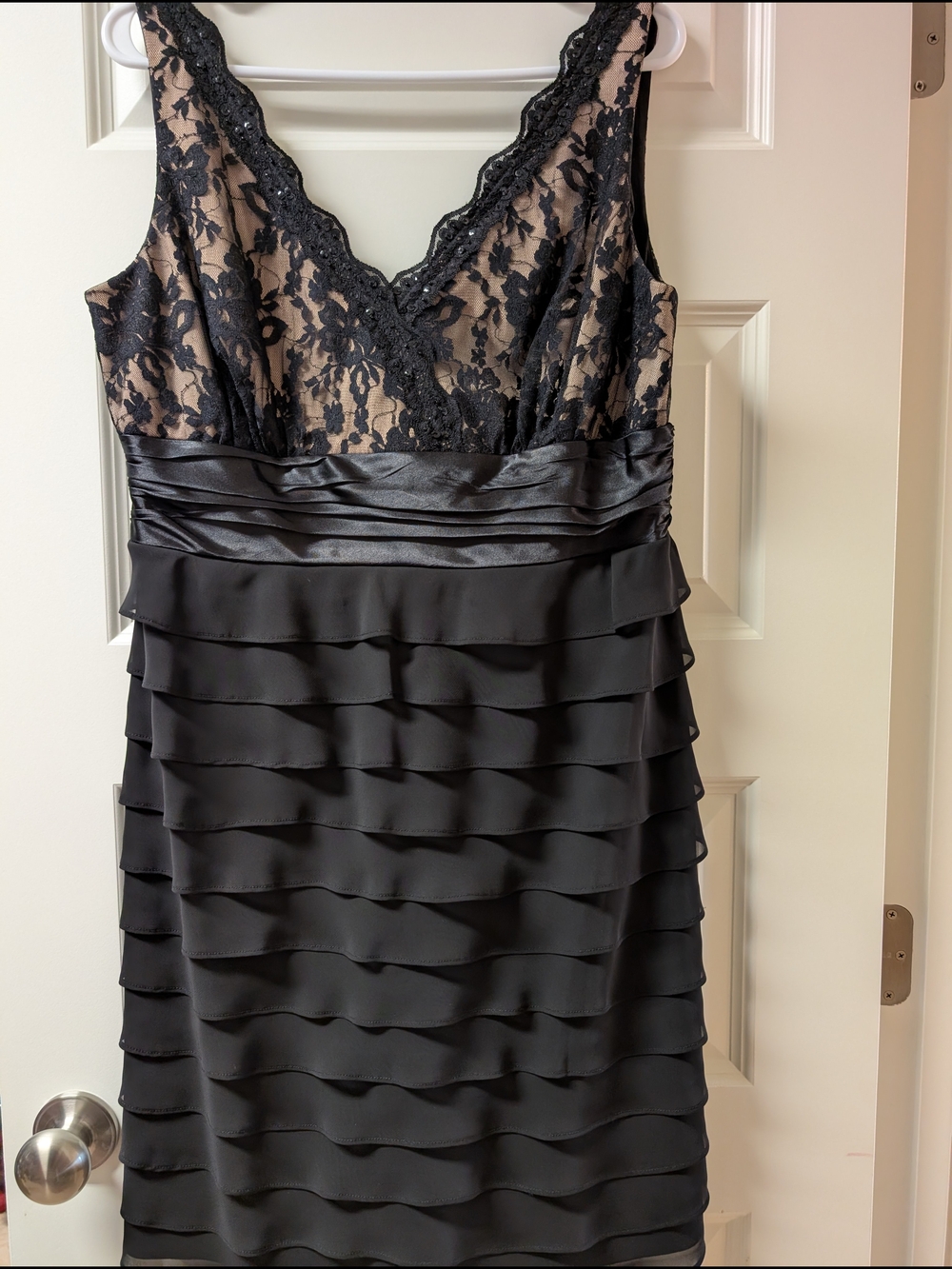 S.L. Fashions Black Lace & Nude Illusion Ruffle Midi Dress